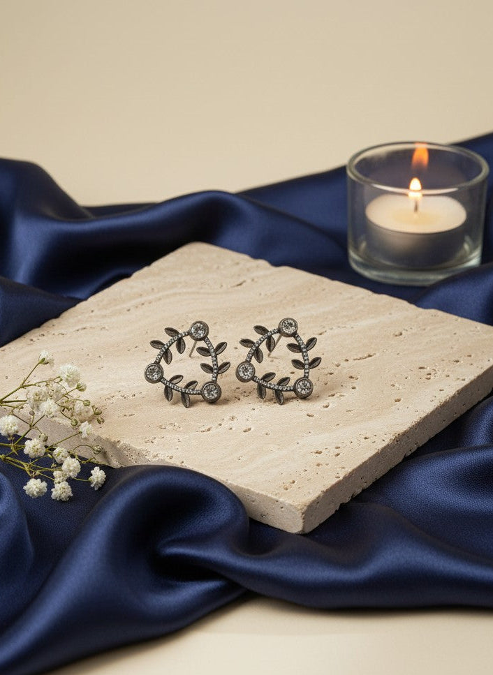 Silver Oxidized Geometric Pattern Leaf-Inspired Earrings
