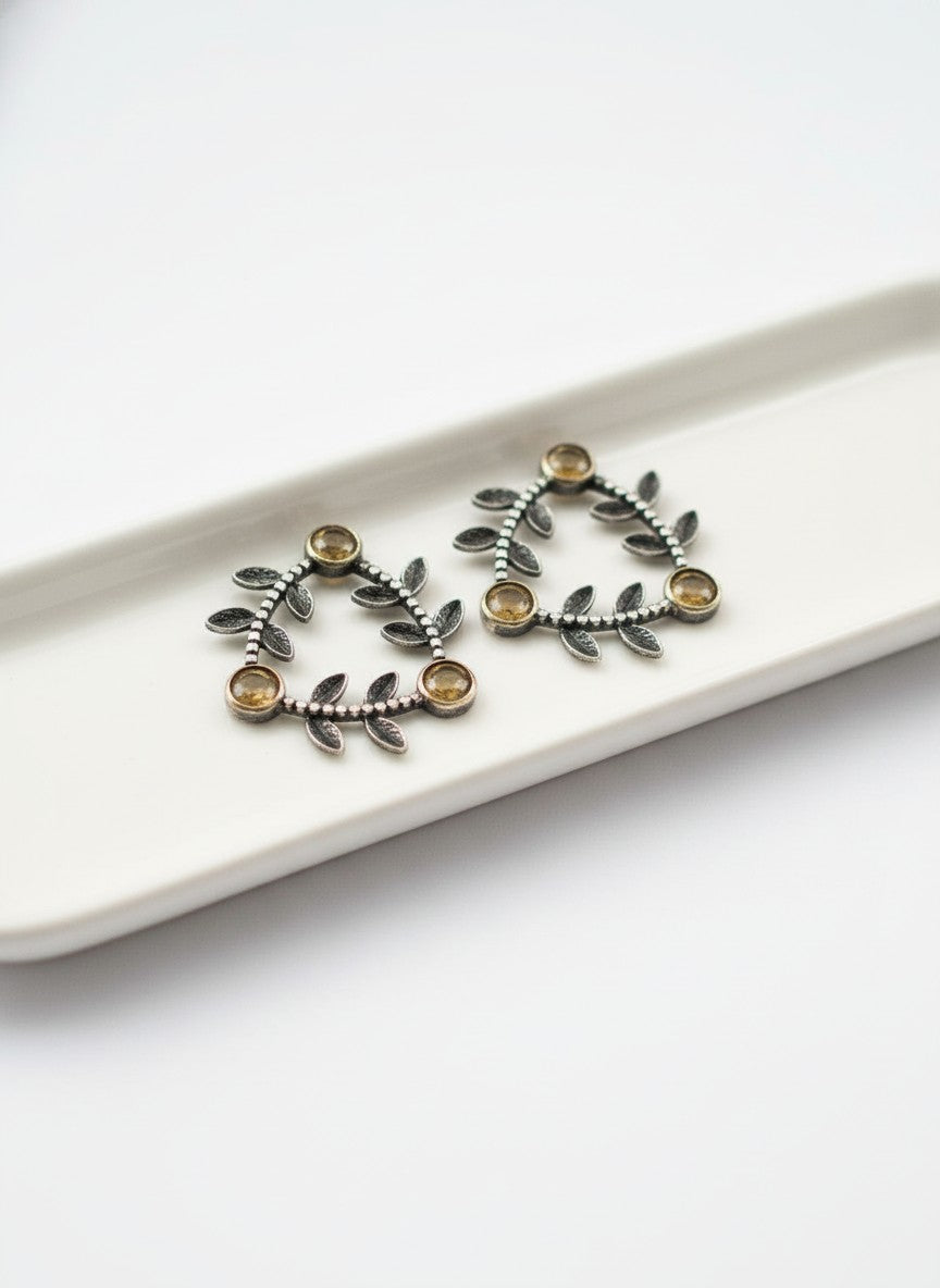 Silver Oxidized Geometric Pattern Leaf-Inspired Earrings