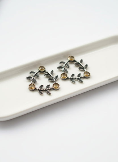 Silver Oxidized Geometric Pattern Leaf-Inspired Earrings