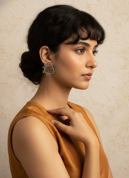 Silver Oxidized Geometric Pattern Leaf-Inspired Earrings
