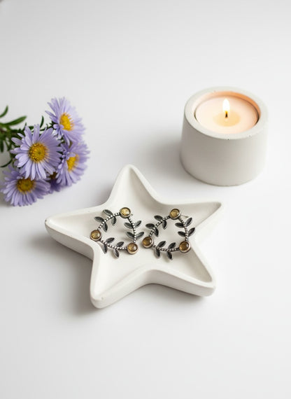 Silver Oxidized Geometric Pattern Leaf-Inspired Earrings