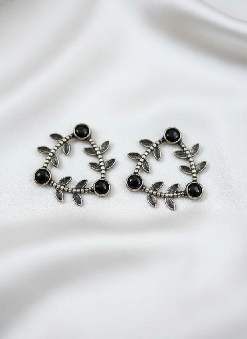 Silver Oxidized Geometric Pattern Leaf-Inspired Earrings