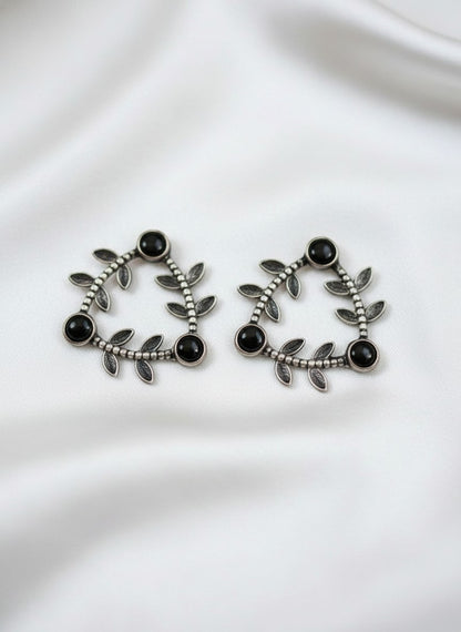 Silver Oxidized Geometric Pattern Leaf-Inspired Earrings