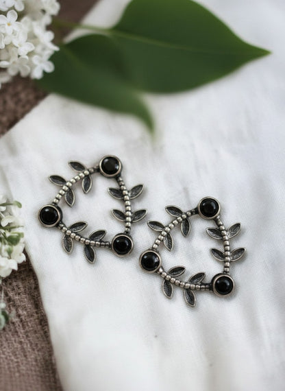 Silver Oxidized Geometric Pattern Leaf-Inspired Earrings