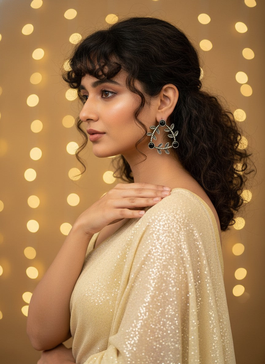 Silver Oxidized Geometric Pattern Leaf-Inspired Earrings