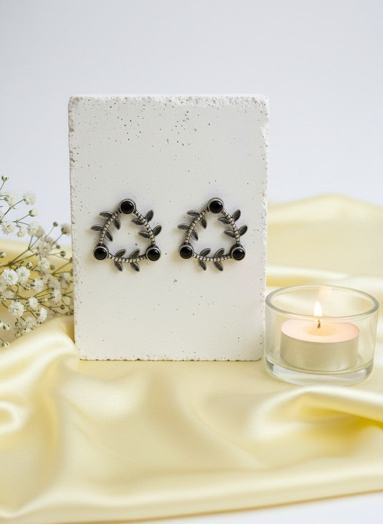 Silver Oxidized Geometric Pattern Leaf-Inspired Earrings