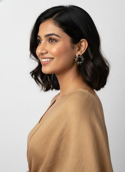 Silver Oxidized Geometric Pattern Leaf-Inspired Earrings