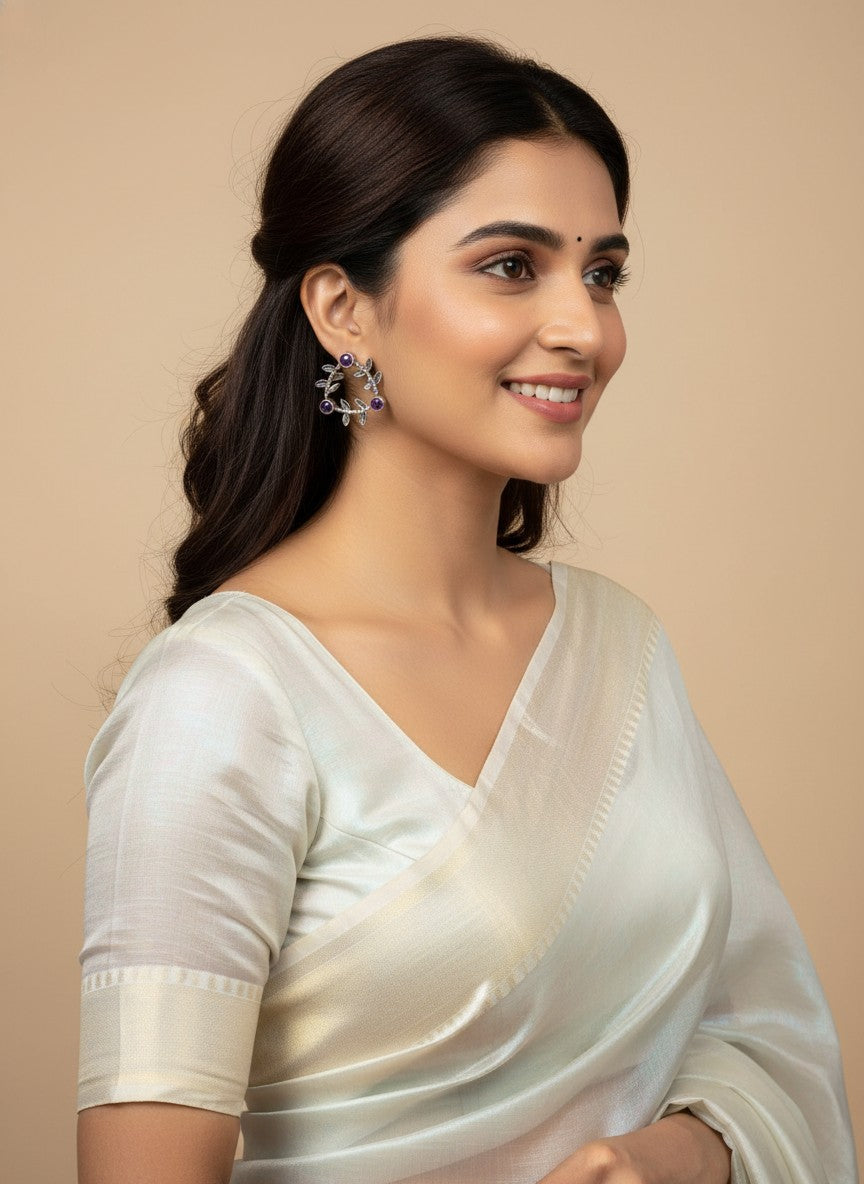 Silver Oxidized Geometric Pattern Leaf-Inspired Earrings