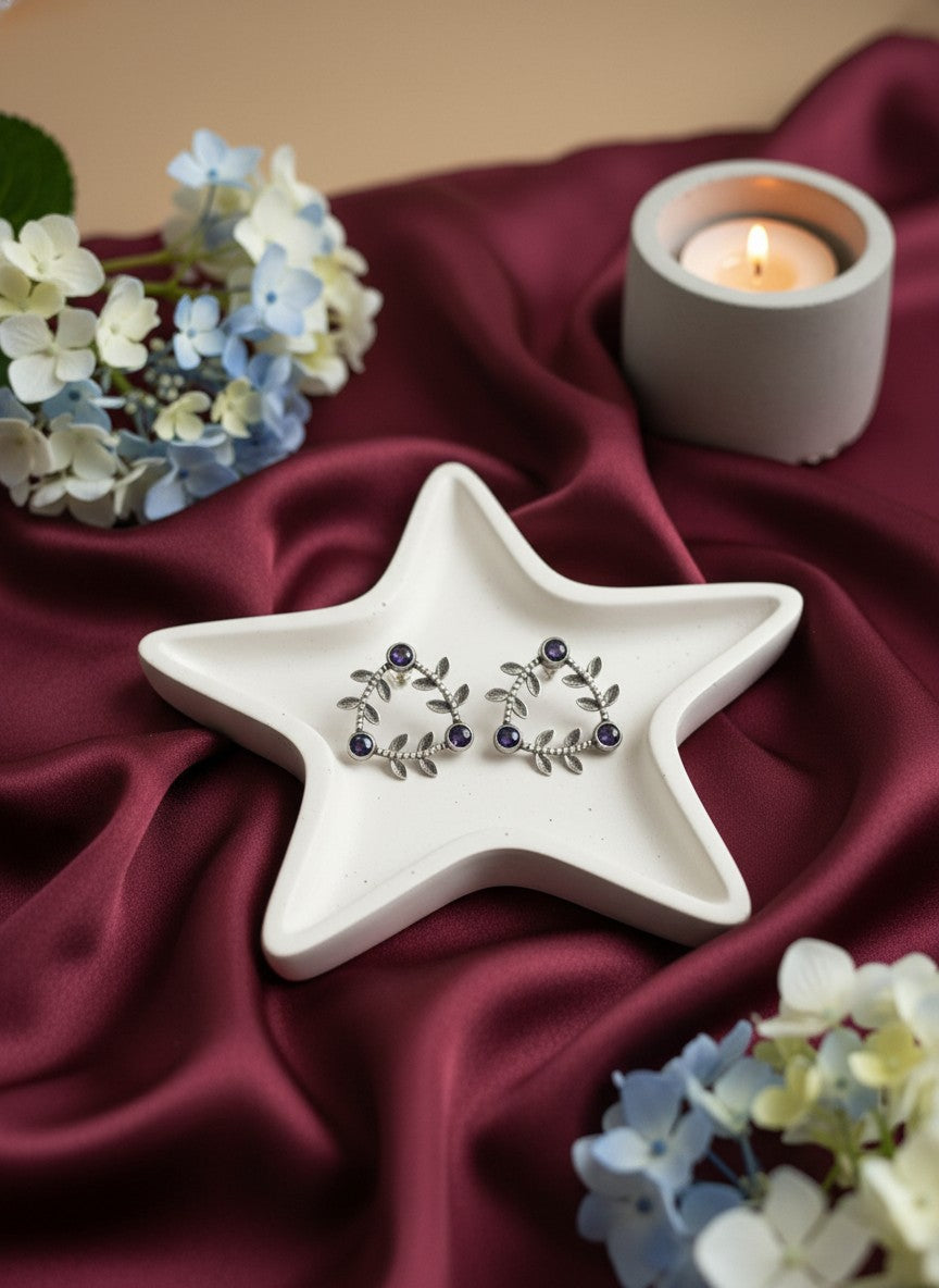 Silver Oxidized Geometric Pattern Leaf-Inspired Earrings