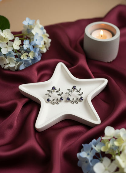 Silver Oxidized Geometric Pattern Leaf-Inspired Earrings