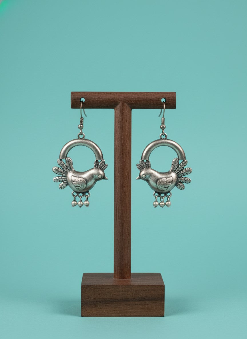 Silver Oxidized Bird Hook Earrings