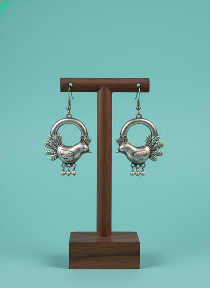 Silver Oxidized Bird Hook Earrings