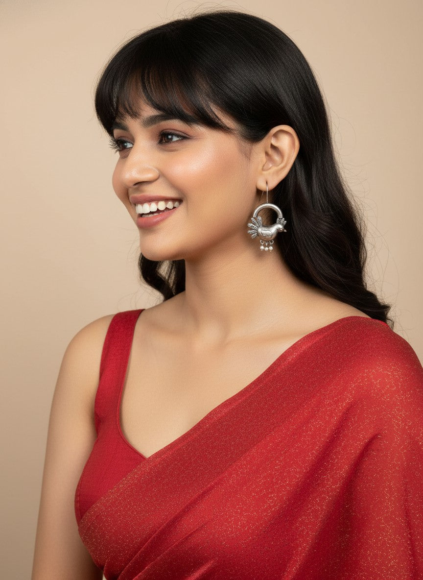 Silver Oxidized Bird Hook Earrings