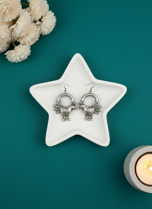 Silver Oxidized Bird Hook Earrings