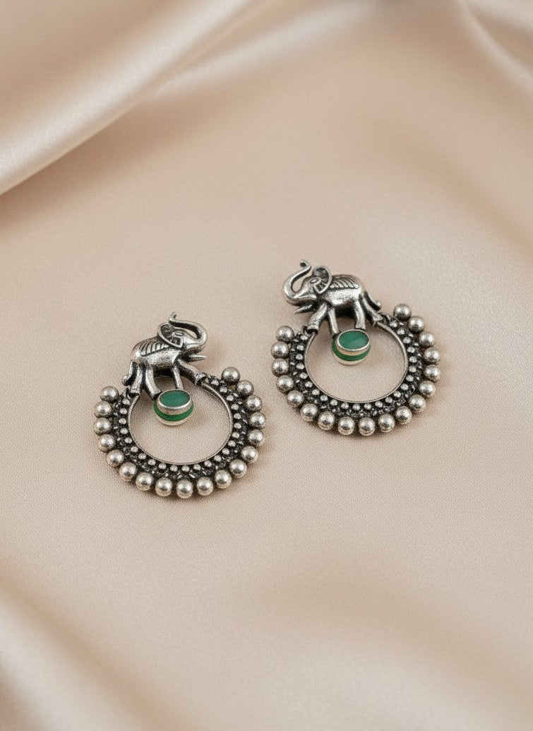 Silver Oxidized Chandbali Style Elephant Motifs Earrings