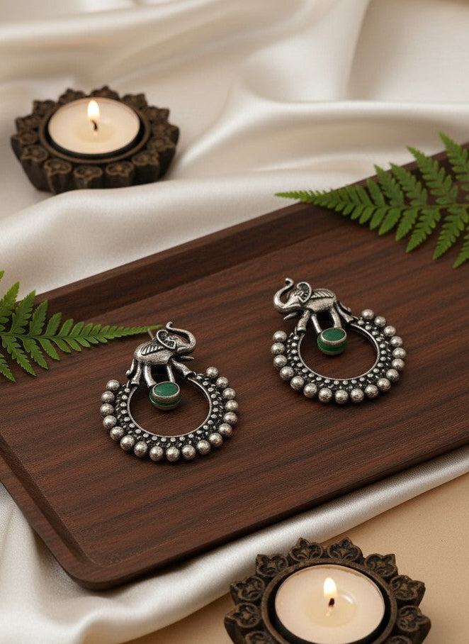 Silver Oxidized Chandbali Style Elephant Motifs Earrings