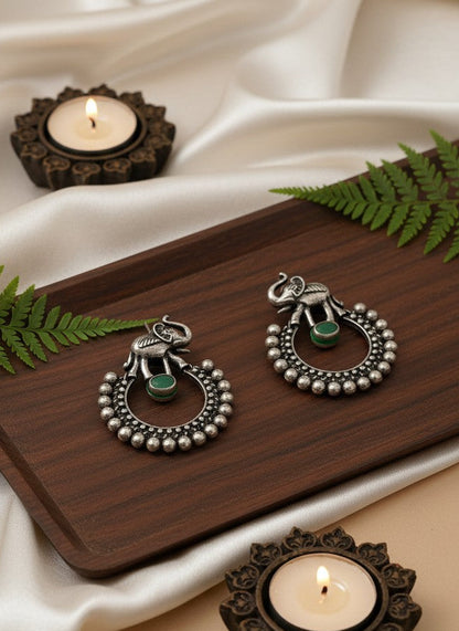 Silver Oxidized Chandbali Style Elephant Motifs Earrings