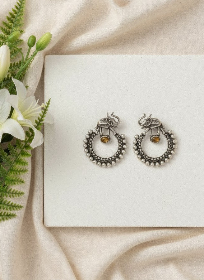 Silver Oxidized Chandbali Style Elephant Motifs Earrings