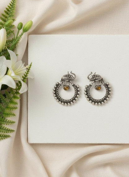 Silver Oxidized Chandbali Style Elephant Motifs Earrings