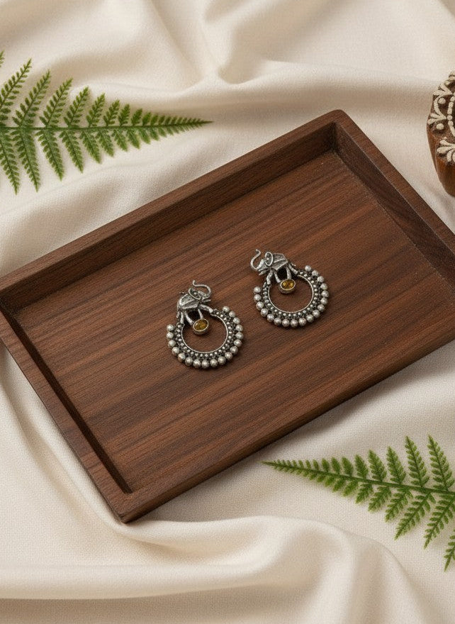 Silver Oxidized Chandbali Style Elephant Motifs Earrings