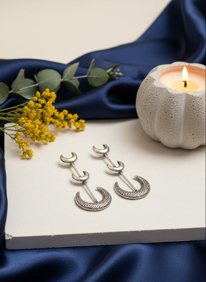 Silver Oxidized Half Moon Dangler Earrings