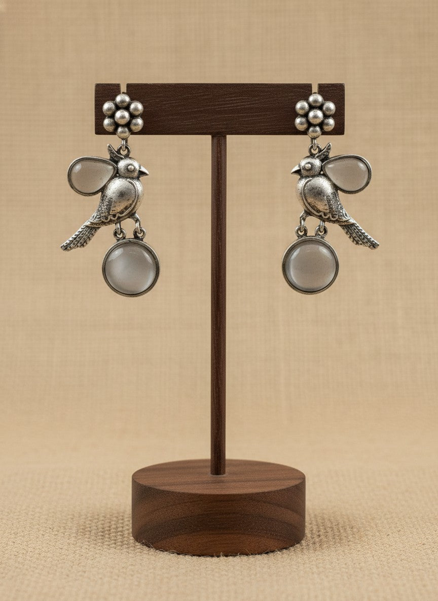Silver Oxidized Floral and Bird Motifs Dangle Drop
