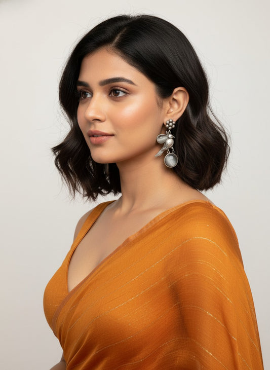 Silver Oxidized Floral and Bird Motifs Dangle Drop