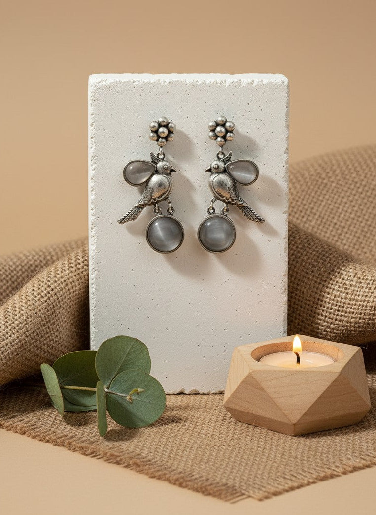 Silver Oxidized Floral and Bird Motifs Dangle Drop