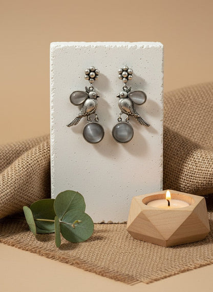 Silver Oxidized Floral and Bird Motifs Dangle Drop