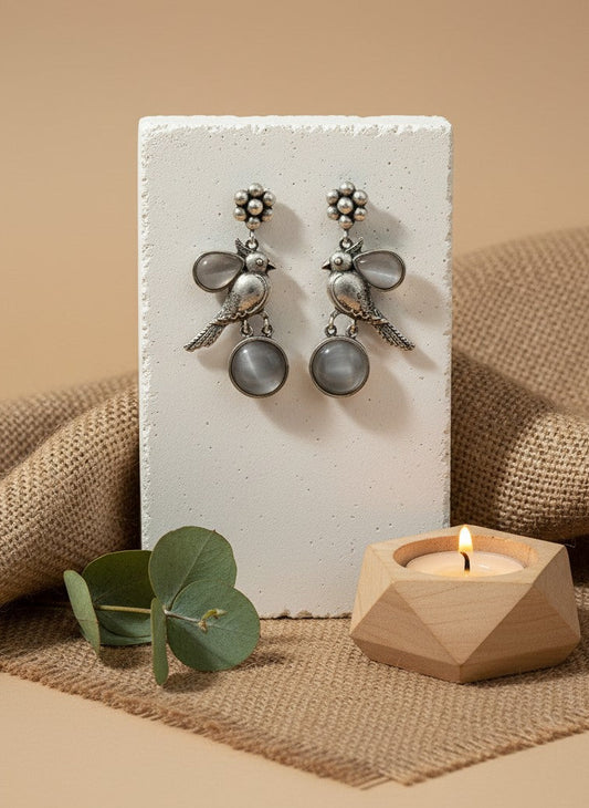 Silver Oxidized Floral and Bird Motifs Dangle Drop