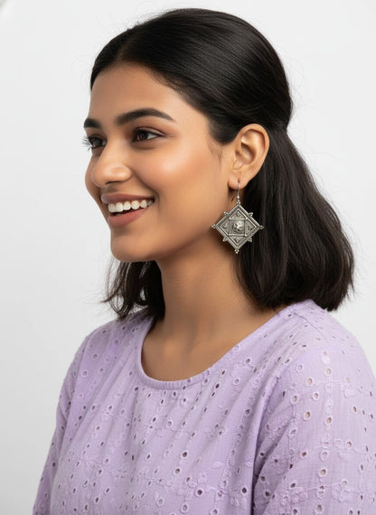 Silver Oxidized Antique Accent Hook Earrings