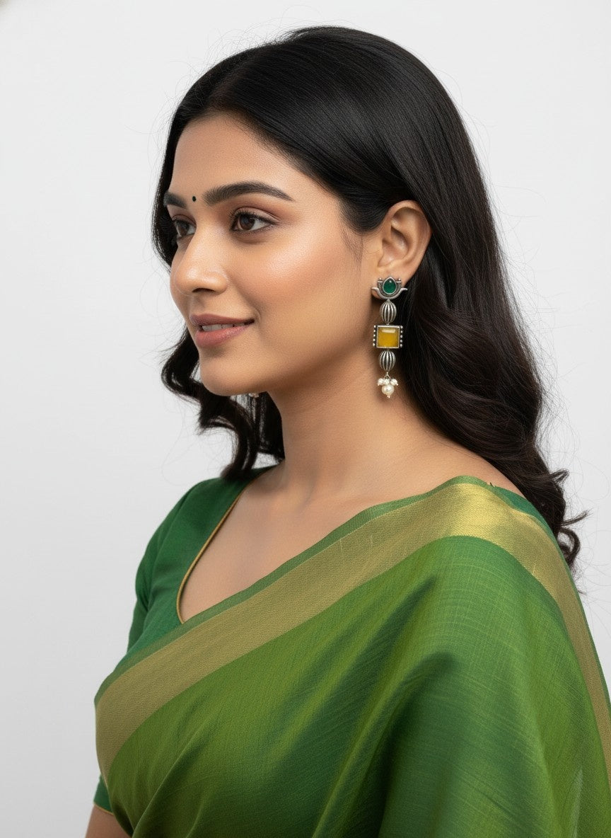 Antique Ethnic Silver Oxidized Lotus Dangle Earrings with Stones and Pearl Detailing