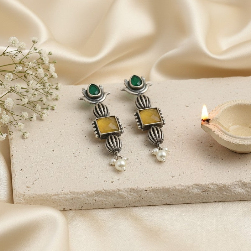 Antique Ethnic Silver Oxidized Lotus Dangle Earrings with Stones and Pearl Detailing