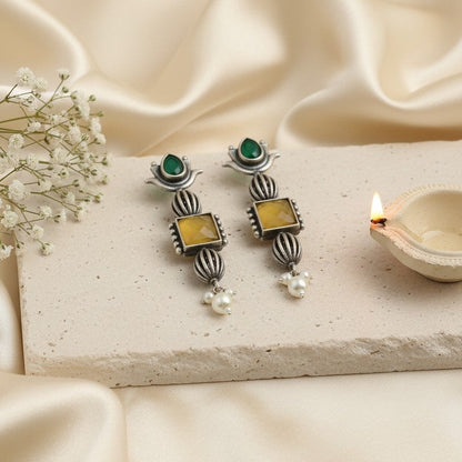 Antique Ethnic Silver Oxidized Lotus Dangle Earrings with Stones and Pearl Detailing