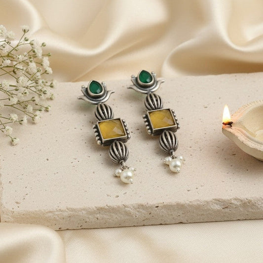 Antique Ethnic Silver Oxidized Lotus Dangle Earrings with Stones and Pearl Detailing