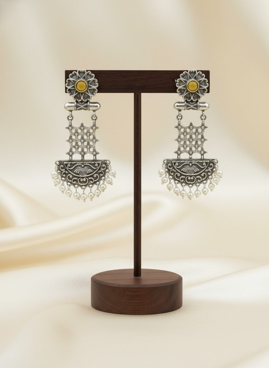 Silver Oxidized Dangler Earrings with Pearls and Monalisa Stones