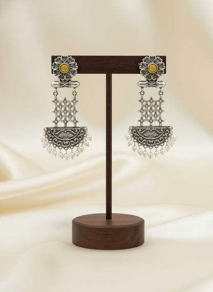 Silver Oxidized Dangler Earrings with Pearls and Monalisa Stones