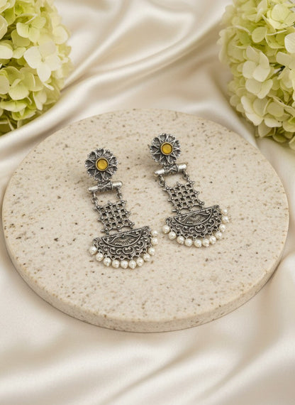 Silver Oxidized Dangler Earrings with Pearls and Monalisa Stones