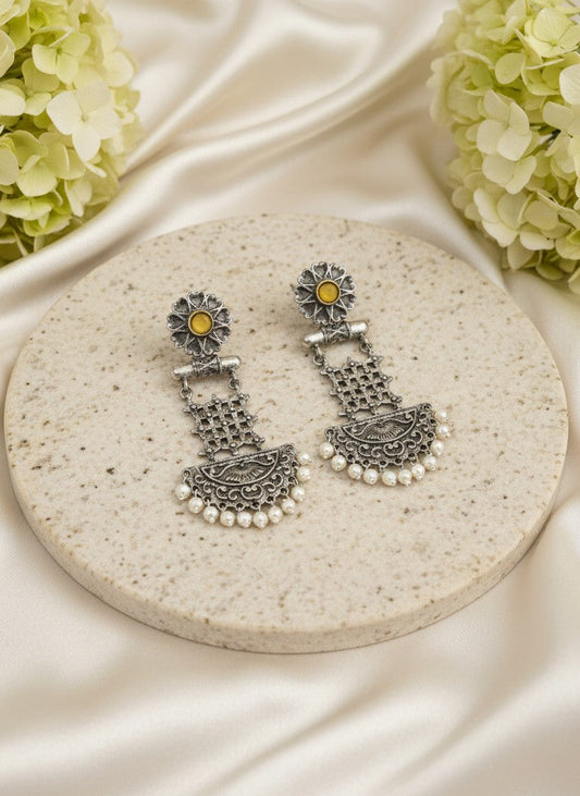 Silver Oxidized Dangler Earrings with Pearls and Monalisa Stones