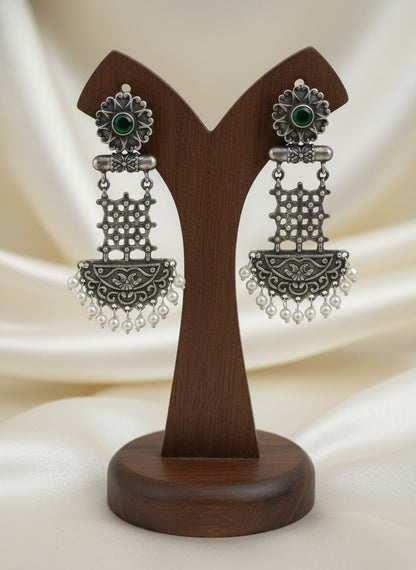 Silver Oxidized Dangler Earrings with Pearls and Monalisa Stones