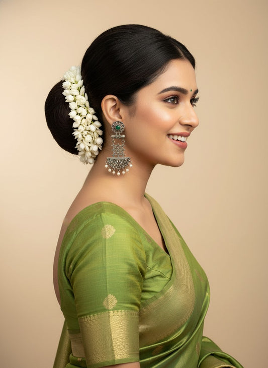 Silver Oxidized Dangler Earrings with Pearls and Monalisa Stones