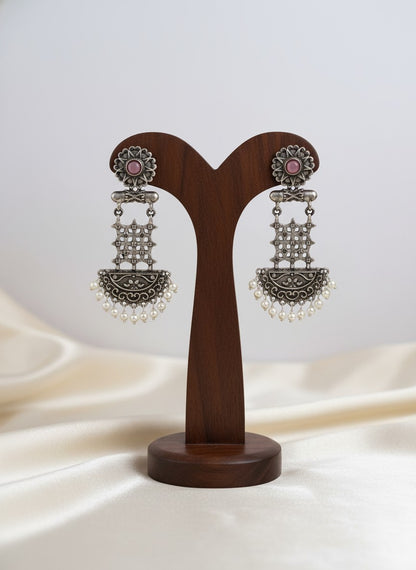 Silver Oxidized Dangler Earrings with Pearls and Monalisa Stones
