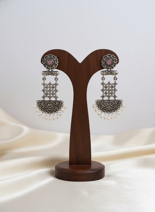 Silver Oxidized Dangler Earrings with Pearls and Monalisa Stones