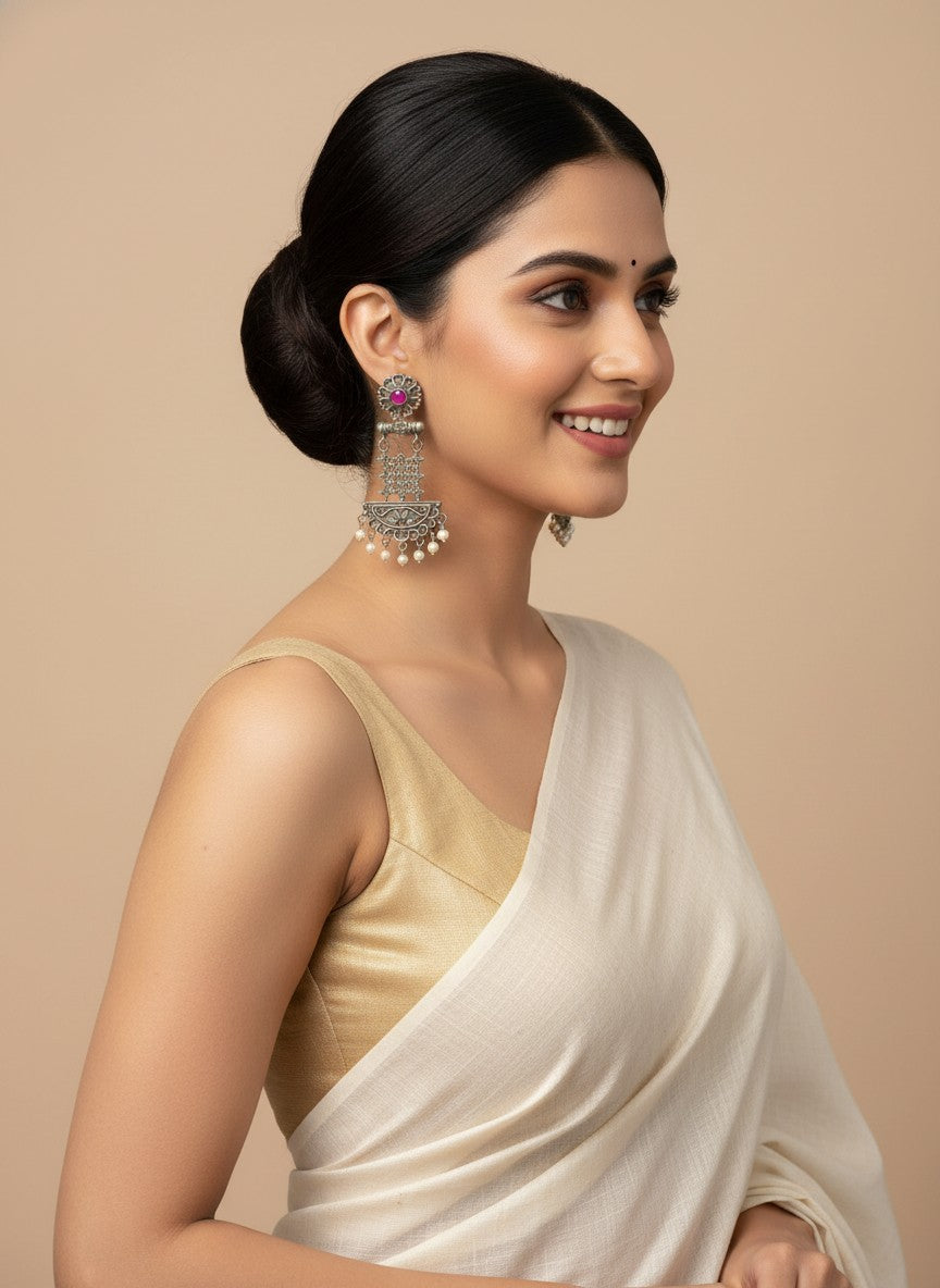 Silver Oxidized Dangler Earrings with Pearls and Monalisa Stones