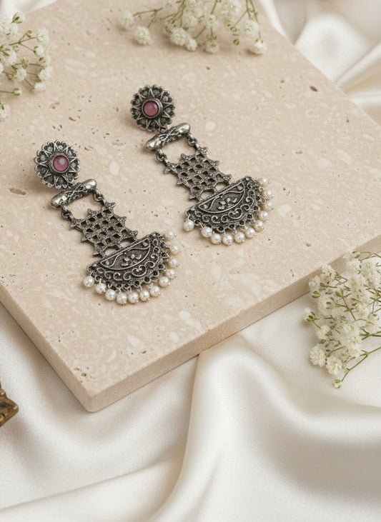 Silver Oxidized Dangler Earrings with Pearls and Monalisa Stones