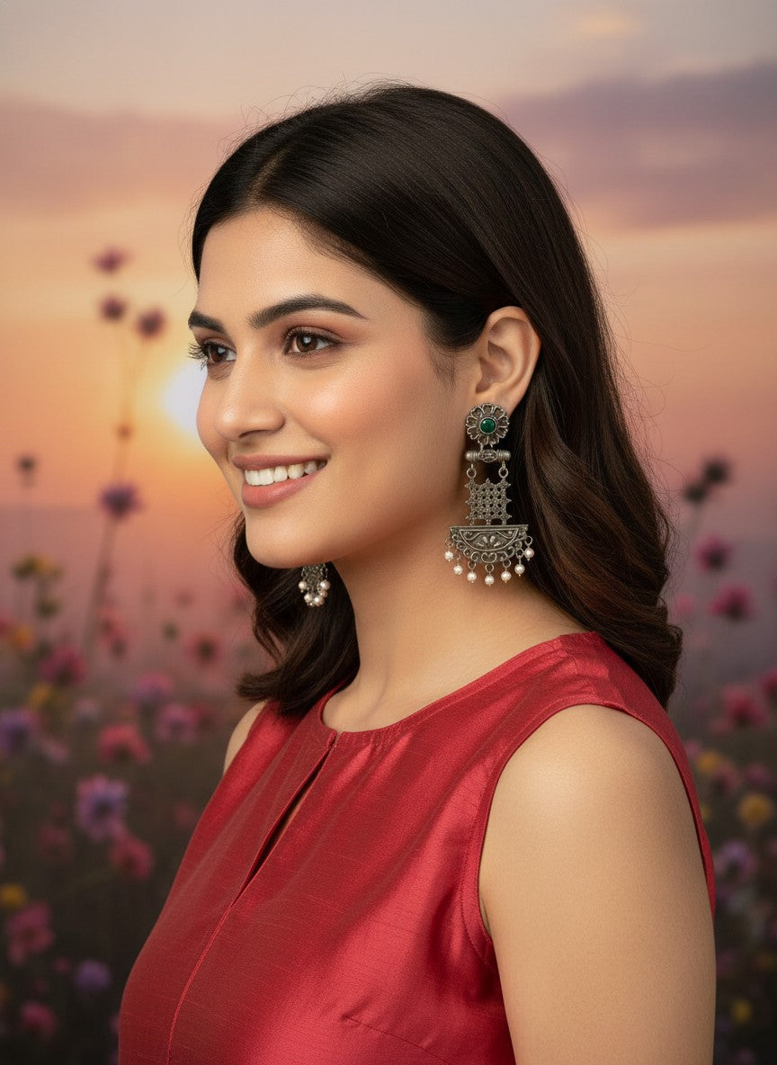 Silver Oxidized Dangler Earrings with Pearls and Black Monalisa Stones for Women - Occasion Wear