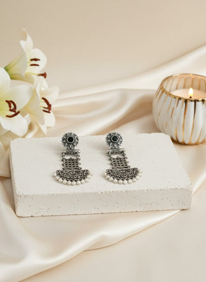 Silver Oxidized Dangler Earrings with Pearls and Black Monalisa Stones for Women - Occasion Wear