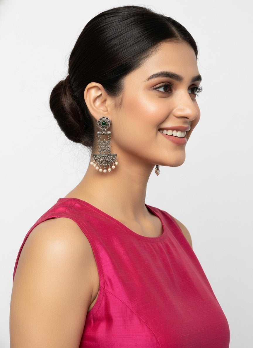 Silver Oxidized Dangler Earrings with Pearls and Black Monalisa Stones for Women - Occasion Wear