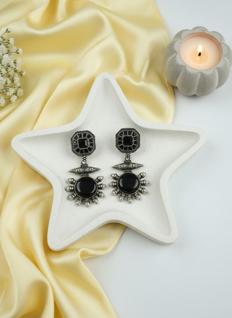 Silver Oxidized Drop Earrings with Monalisa Stone & Pearls