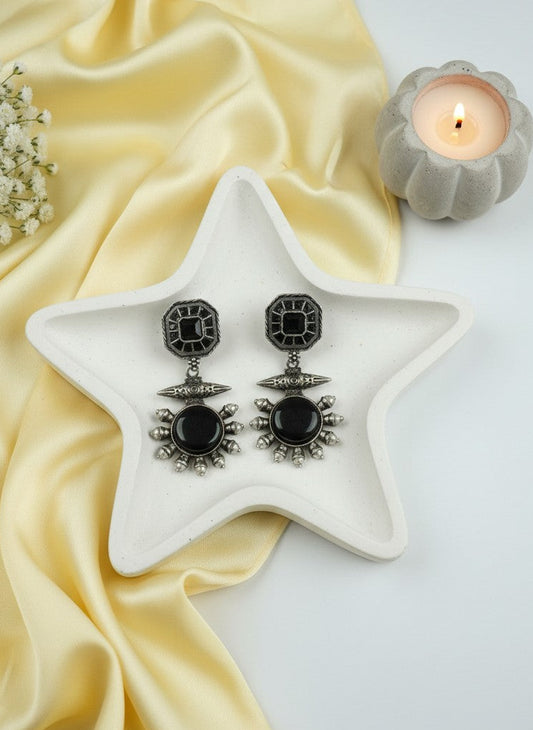 Silver Oxidized Drop Earrings with Monalisa Stone & Pearls